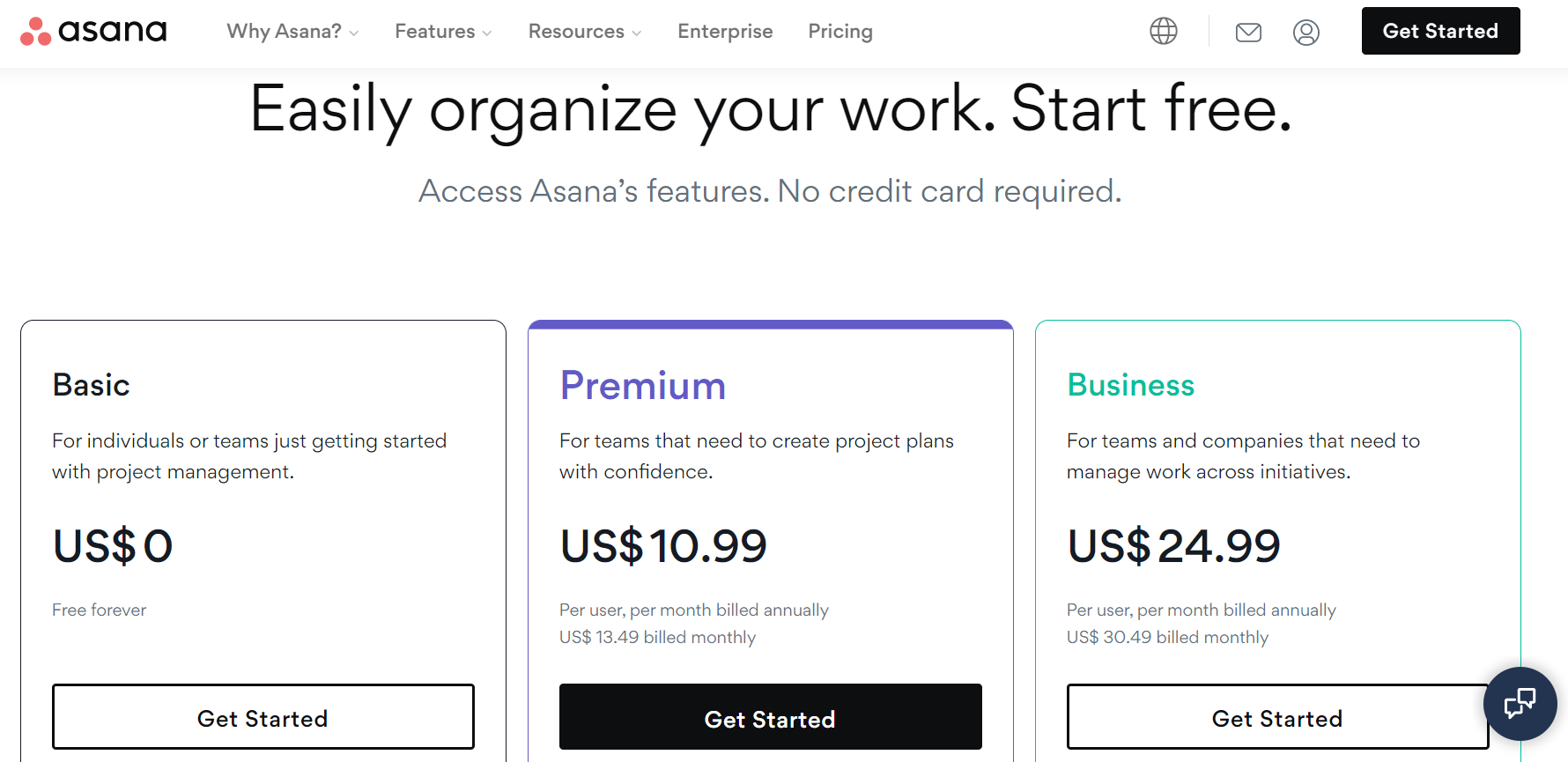 saas pricing - asana