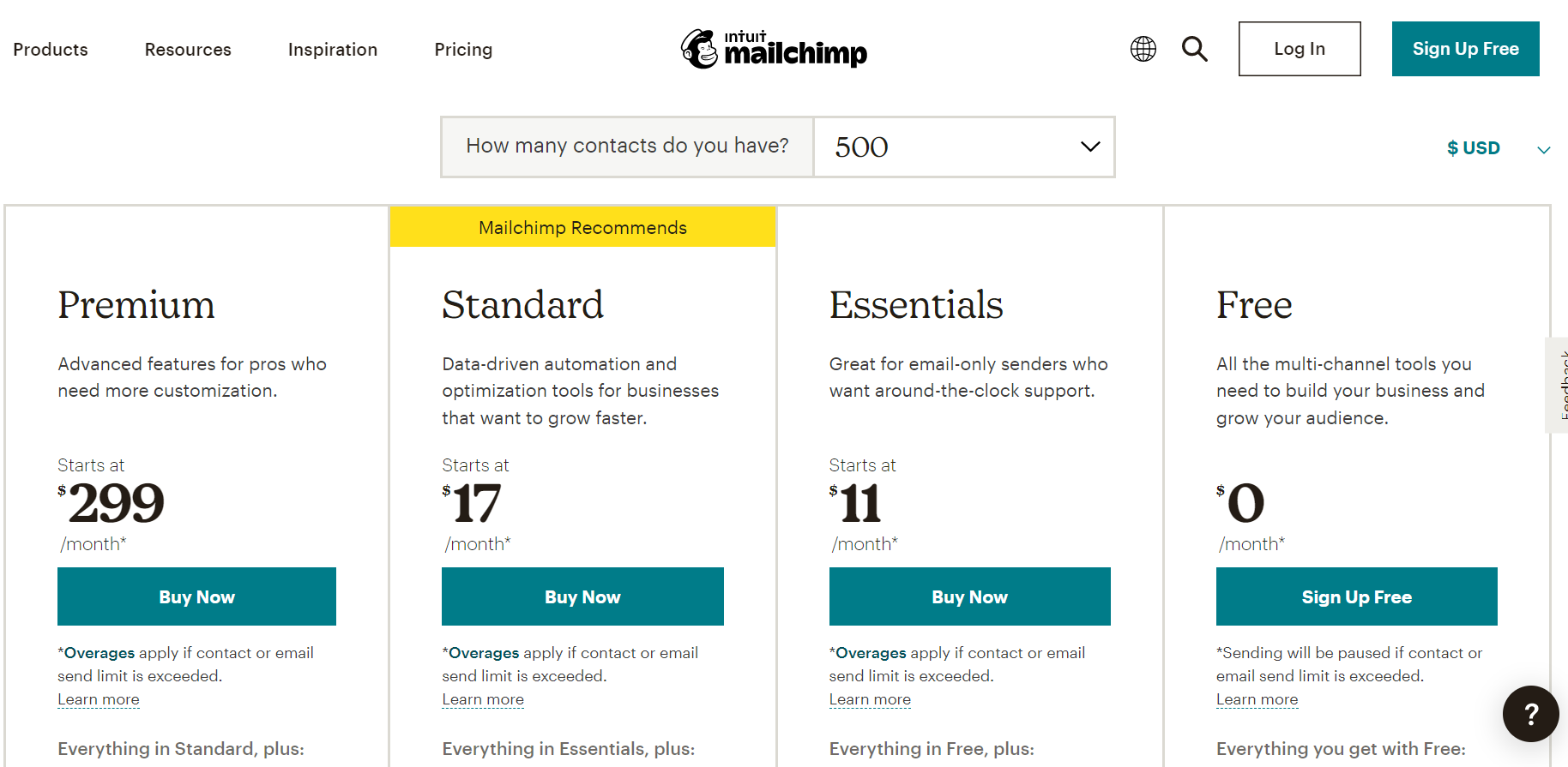 saas pricing - mailchimp