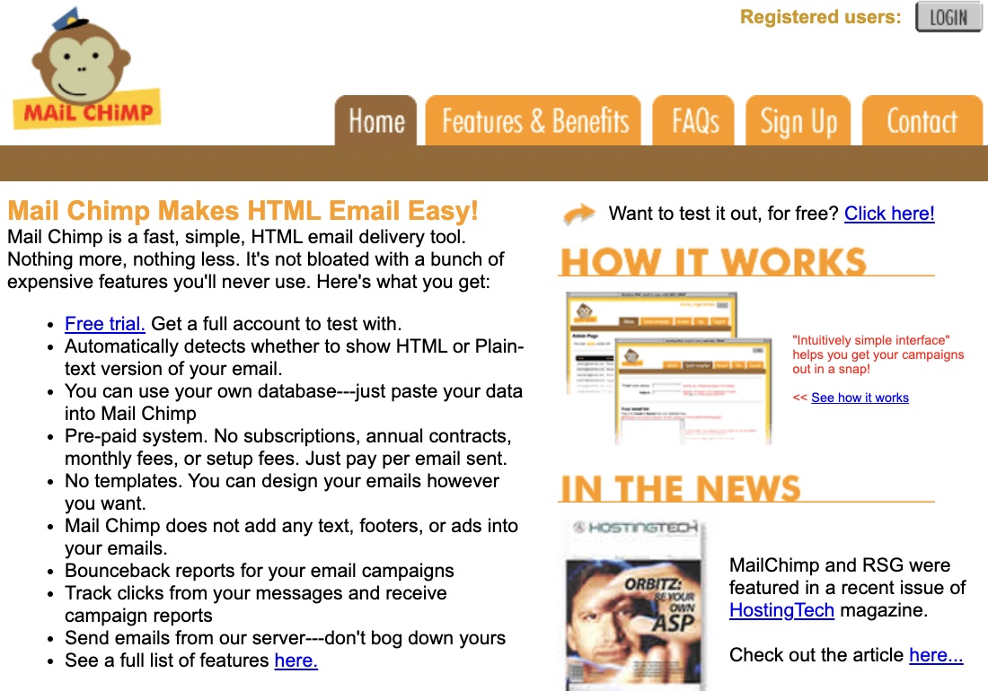 Mailchimp Website in 2001 (A Tool Off Of The Rocket Science Group)