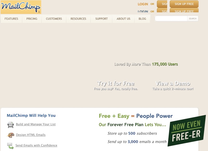 Mailchimp's Website in 2009 Offering Freemium