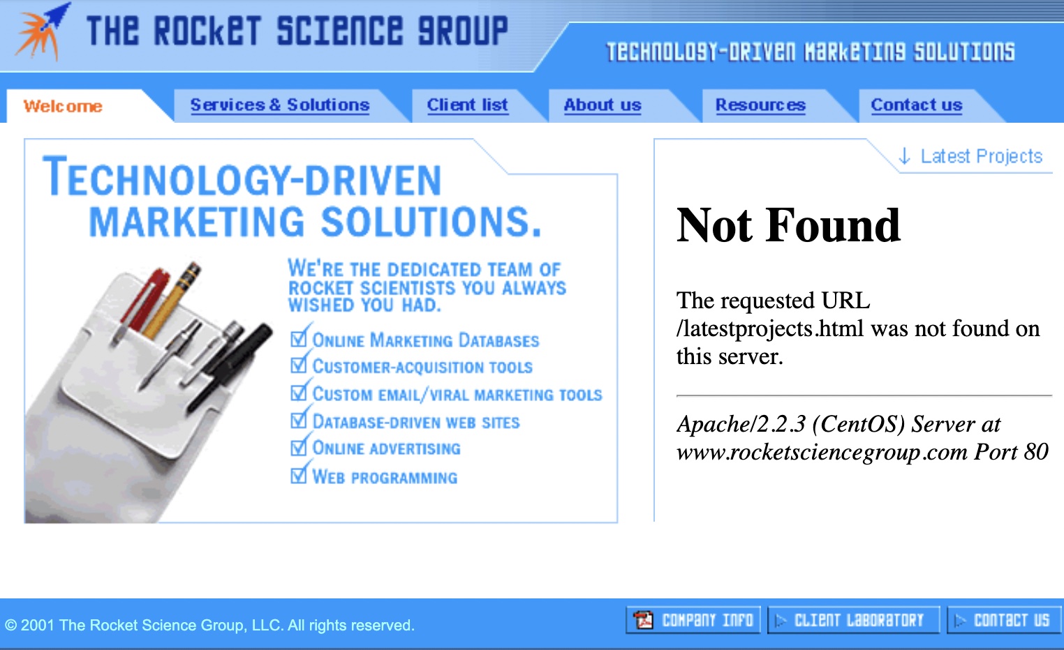 The Rocket Science Group Website in 2001 Before Launching Mailchimp Tool