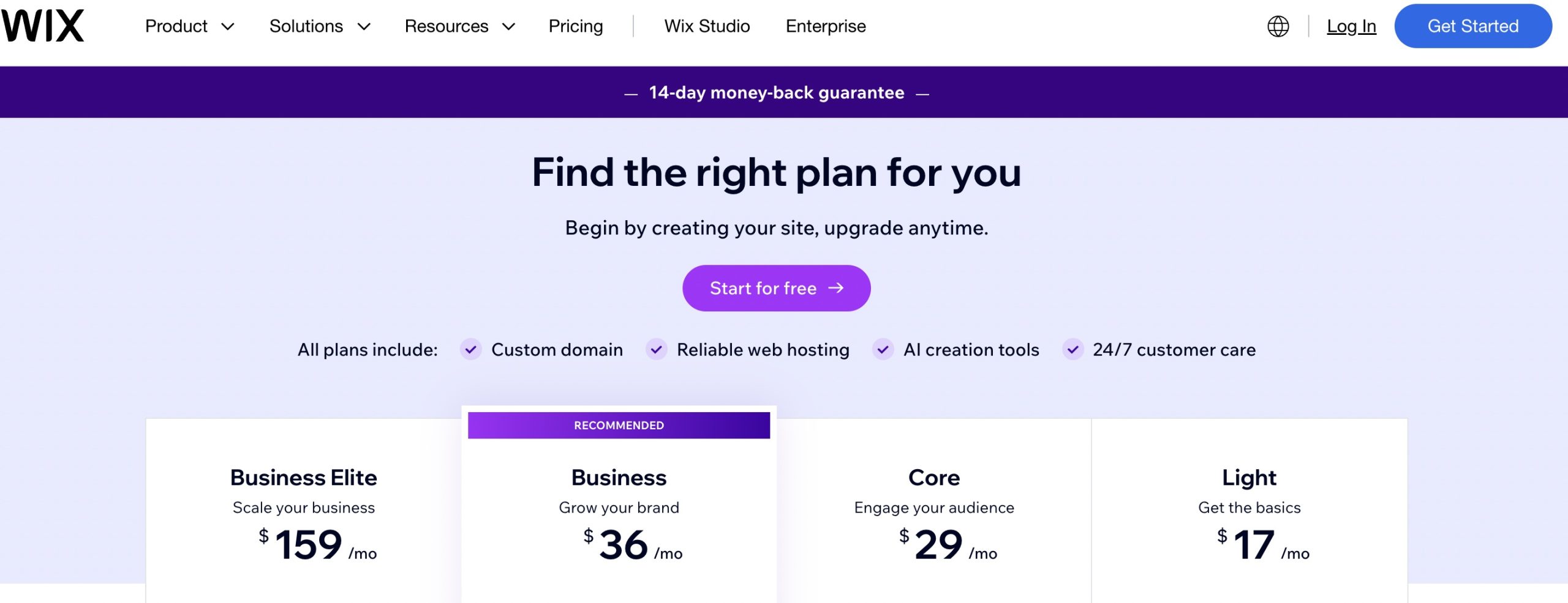 Wix pricing