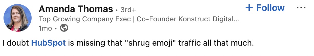 Linkedln Post by Amanda regarding shrug emoji article