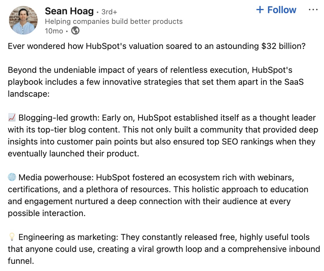 Linkedln Post by Sean Hoag Discussing HubSpot's Growth