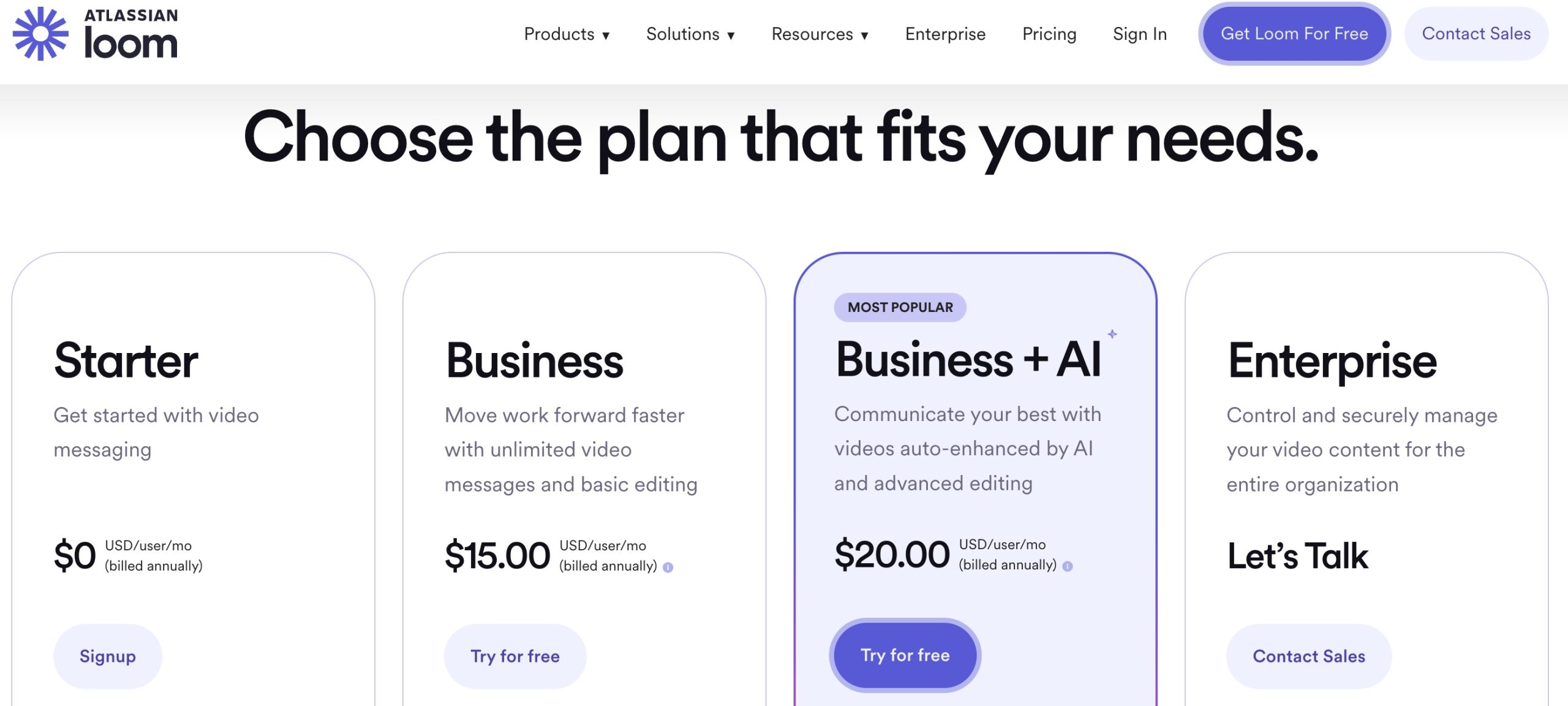 Loom's pricing page
