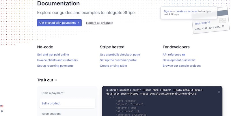 Developer Tab on Stripe's Website