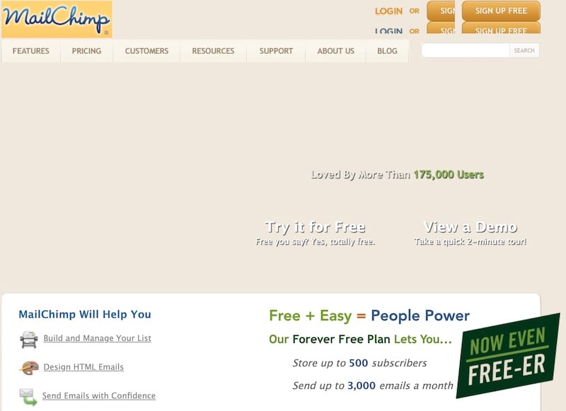 Mailchimp's Website in 2009 Offering Freemium