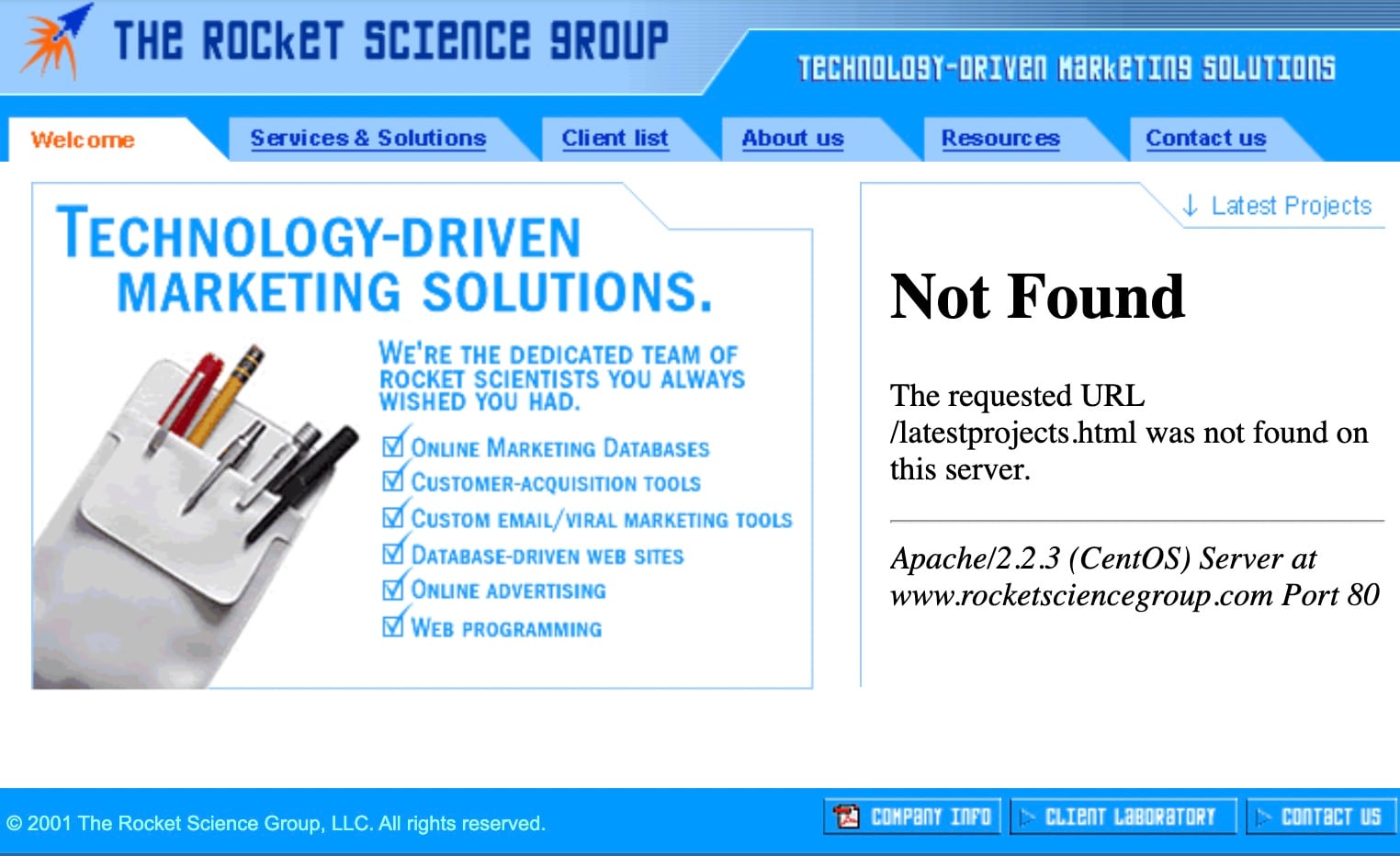 The Rocket Science Group Website in 2001 Before Launching Mailchimp Tool
