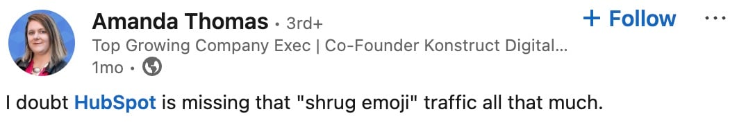 Linkedln Post by Amanda regarding shrug emoji article